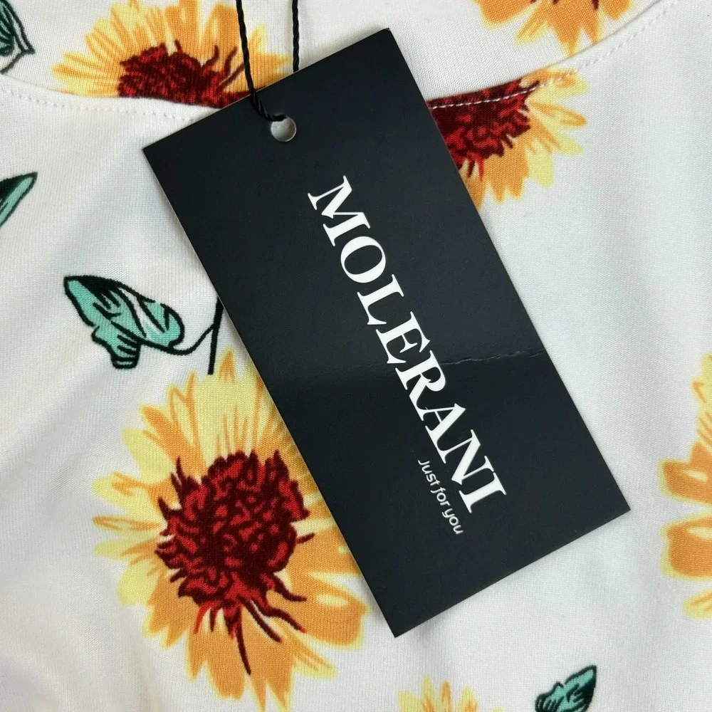 Molerani T Shirt Dress Women XL White Sunflower Print Stretch Round Neck Comfort